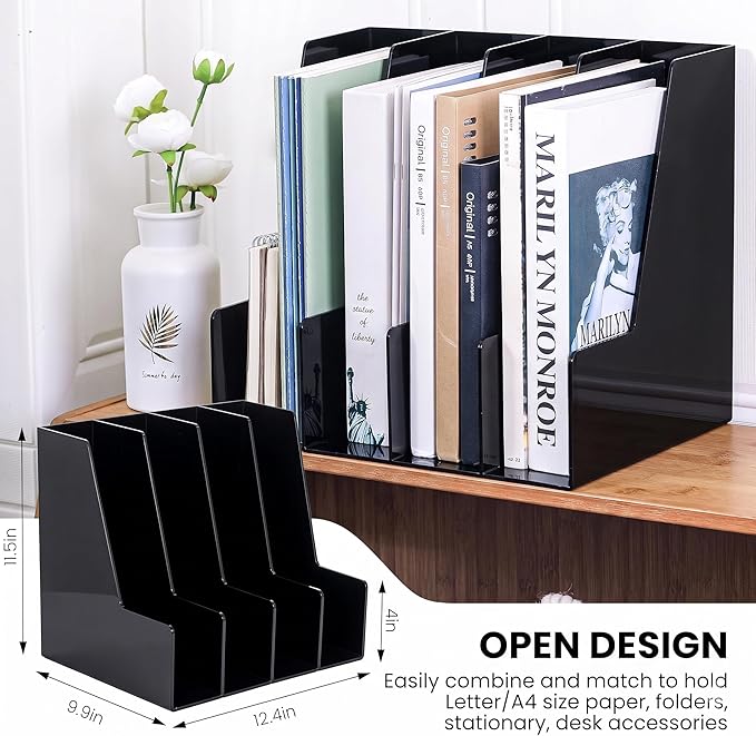 LALOBLUE 4 Pack Black Vertical Magazine File Holder Desk Organizer Bins | Plastic, Holds Magazines, Binders, Notebooks, Envelopes, 4 Pack Black Vertical Magazine File Holder Desk Organizer Bins