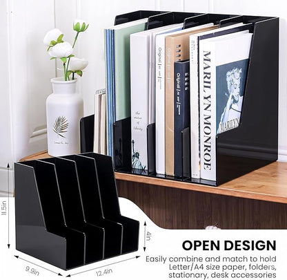 LALOBLUE 4 Pack Black Vertical Magazine File Holder Desk Organizer Bins | Plastic, Holds Magazines, Binders, Notebooks, Envelopes, 4 Pack Black Vertical Magazine File Holder Desk Organizer Bins
