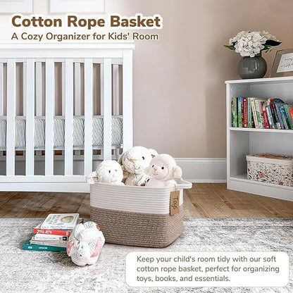 Goodpick Woven Storage Basket, Cotton Rope Baskets for Toys, Books, Small Baby Laundry Baskets with Handles, Rectangle Dog Toy Basket for Living Room, 13 x 10 x 9 Inches