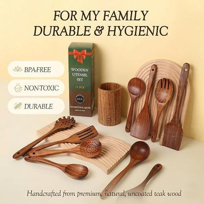 SOOMGYEOL SEOM 11-Piece Teak Wood Cooking Utensil Set with Holder | Wooden Spoons and Spatulas, Kitchen Countertop Organizer, Nonstick Safe Tools