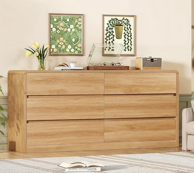 TEENFON 55" Wide Dresser for Bedroom with 6 Drawers, Dressers & Chests of Drawers with Curved Profile Design, Bedroom Dressers, Wood Dressers for Bedroom, Hallway, Natural