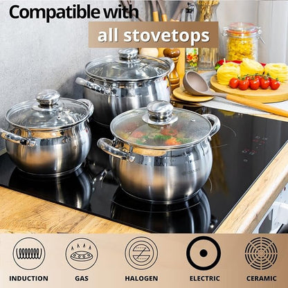 Daniks Classic 6.5 Quart Stainless Steel Stock Pot with Glass Lid, Tri-Ply Bottom for Even Heating, Induction Compatible, Dishwasher Safe