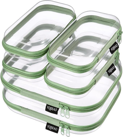 6 Pack Green Clear Hard Shell Beauty Organizer (2M+4S), 1.2mm Heavy Duty Crush-Proof Cosmetic Case, Reinforced YKK Zippers, Stadium Approved Security Bag for Skincare & Electronics, Multi-Size Set