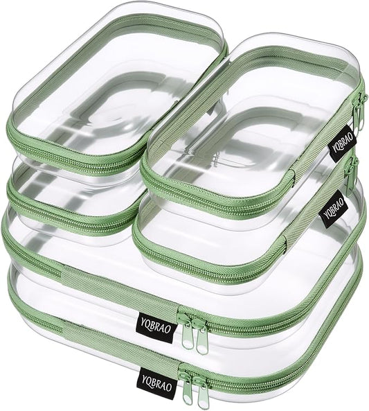 6 Pack Green Clear Hard Shell Beauty Organizer (2M+4S), 1.2mm Heavy Duty Crush-Proof Cosmetic Case, Reinforced YKK Zippers, Stadium Approved Security Bag for Skincare & Electronics, Multi-Size Set