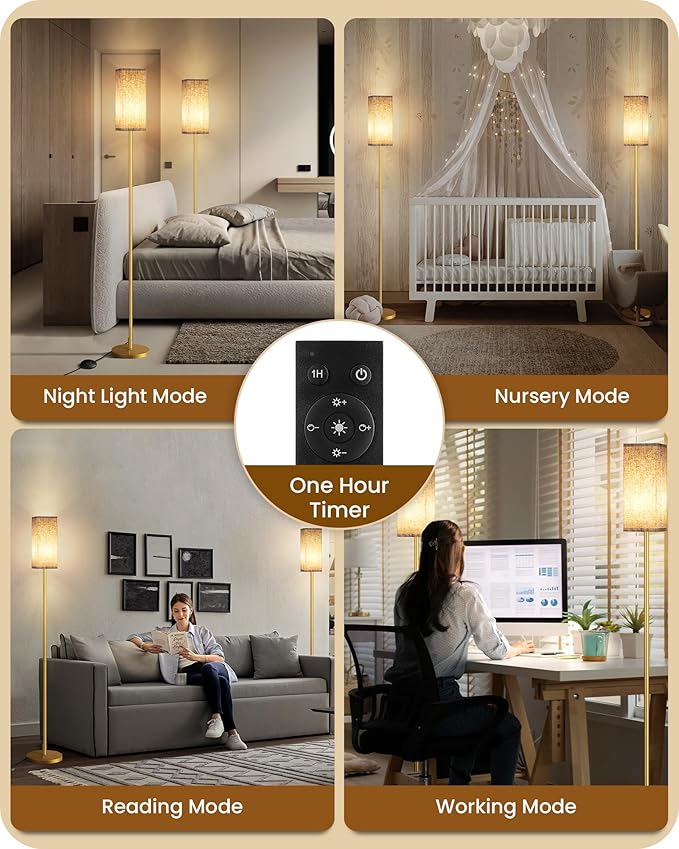 2Pack 64.2” Dimmable Floor Lamp for Living Room with Remote & Foot Switch, Corner Floor Lamp for Bedroom, Includes A19 Bulb, Modern Standing Tall Lamp, ETL Listed Beige and Gold DE17LDP205