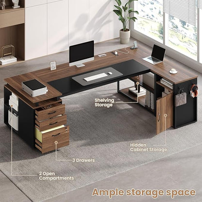 78" Executive Desk with Lockable File Cabinet, L Shaped Office Desk with Power Outlets, Large Executive Desk with Drawers and Storage Shelves , Reversible Computer Desk with Privacy Screen, Walnut
