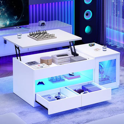 Itaar 39.4" Lift Top Coffee Table with 2 Drawers, Modern LED Coffee Tables for Living Room, Coffee Table with Glass Storage Cabinet, White