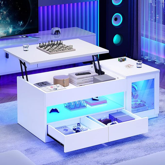 Itaar 39.4" Lift Top Coffee Table with 2 Drawers, Modern LED Coffee Tables for Living Room, Coffee Table with Glass Storage Cabinet, White