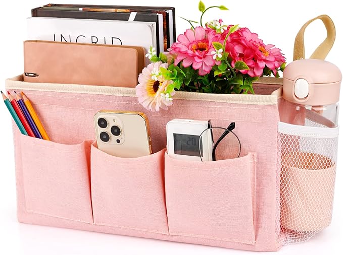 Lilithye Bedside Caddy Bedside Organizer Bedside Storage Caddy with Fixed Straps and Water Bottle Holder for Home College Dorm Bunk Bed Hospital Bed Crib Bed Rails (Pink)