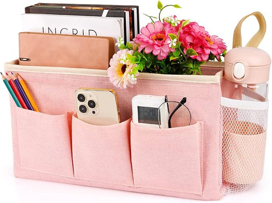 Lilithye Bedside Caddy Bedside Organizer Bedside Storage Caddy with Fixed Straps and Water Bottle Holder for Home College Dorm Bunk Bed Hospital Bed Crib Bed Rails (Pink)