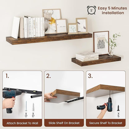 Vivelove 12" Deep Floating Shelves Over Toilet, 24" Wall Shelves for Bathroom Bedroom Kitchen Living Room Laundry Room, Farmhouse Rustic Shelves for Home Decor, 24" X 12" X 2" Set of 2, Rustic Brown