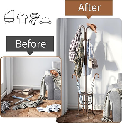 FILWH Coat Rack Freestanding with Umbrella Stand Coat Rack Stand with 12 Hooks Metal Coat Tree Coat and Hat Hanger Jacket Entryway(Brown)