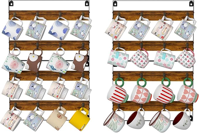 Rustic Wood Coffee Mug Rack - Wall Mount Cup Holder Shelf Storage for Kitchen, Home, Bar, Office (4 Pack, Holds 32 Mugs)