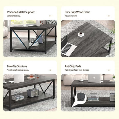 FOLUBAN Industrial Coffee Table with Storage Shelf, Modern Rustic Wooden and Metal Rectangle Center Table for Living Room, Dark Gray, 47 Inch