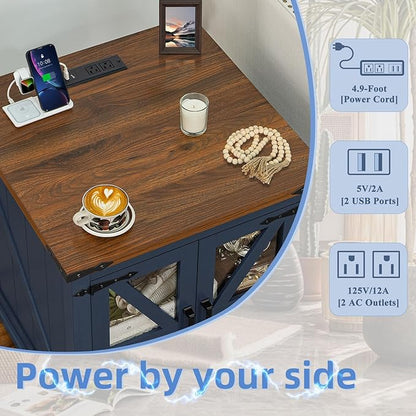 Farmhouse Coffee Table Sets 3 Pieces, Large End Side Tables with Charging Station and Coffee Table with Hidden Storage Compartment, Blue Living Room Table Set, Wood Furniture Sets for Home Office