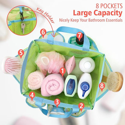F-color Mesh Shower Caddy Portable, Upgrade Deeper 7 Pockets Shower Bag Basket Bag Tote for College Dorm Room Toiletry Bathroom Essentials Gym Camp Quick Dry 2 handles with S Hook