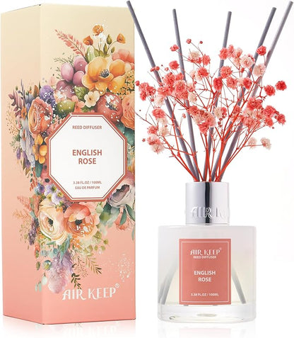Airkeep Reed Diffuser Set,3.38 fl oz (100 ml) - English Rose Oil Diffusers with 8 Reed Sticks, Home Fragrance Reed Diffuser for Bathroom Shelf Decor