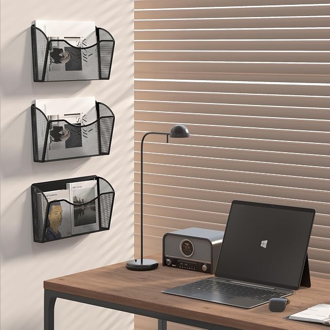EasyPAG Wall File Organizer 3 Pack, Hanging File Organizer Wall Mount, Metal Mesh Folder Holder for Letter/A4 Papers, Mail Sorter for Office, Classroom, Home, Black
