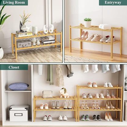Smiry Bamboo Shoe Rack, 2 Tier Free Standing Wooden Shoe Organizer, Stackable Wood Shoe Storage Shelf for Closet, Entryway, 12 Vertical Slats, One-piece Standard Legs, 26.8"x11"x13", Natural