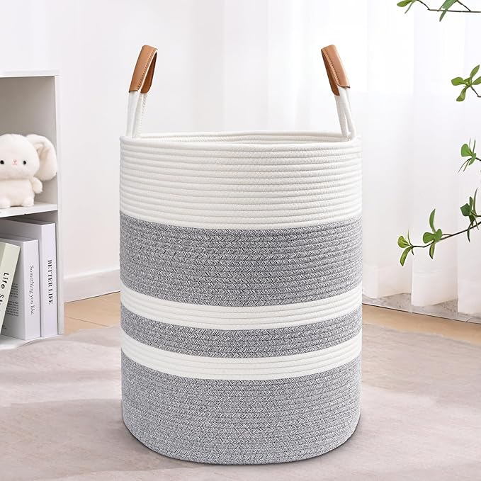 Degeyoyo 60L Striped Laundry Basket, Grey Laundry Hamper with Leather Handles, Woven Cotton Rope Storage Bin for Blankets, Nursery Hamper for Clothes, Toys In Bathroom, Livingroom, Bedroom