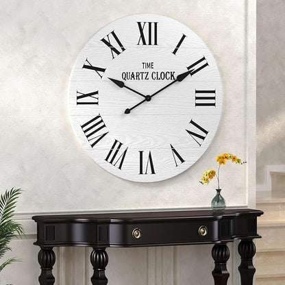 ARTPOWER Large Farmhouse Wall Clock, 35.5” Shiplap Wall Clock with Roman Numeral, Nearly Non-Ticking, Round Wall Clocks for Living Room Decor, Office, Bedroom, Entrance, White