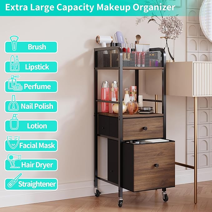 HapiRm Rolling Makeup Cart Organizer - Floor Skincare Make Up Storage with 2 Non-woven Fabric Drawers, Vanity Organizer Cosmetic Display Cases Holder for Skin Care Perfume Nail Polish Brush Hair Tool