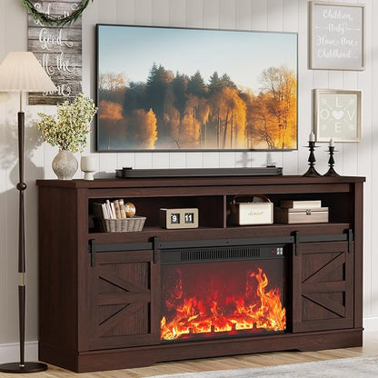 JUMMICO Fireplace TV Stand for 65+ Inch TV with 26'' Fireplace Entertainment Center with Storage Cabinet and Adjustable Shelves, Media Console with Sliding Barn Door for Living Room (Brown)