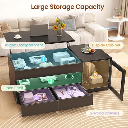 Itaar 39.4" Lift Top Coffee Table with 2 Drawers, Modern LED Coffee Tables for Living Room, Coffee Table with Glass Storage Cabinet, Black