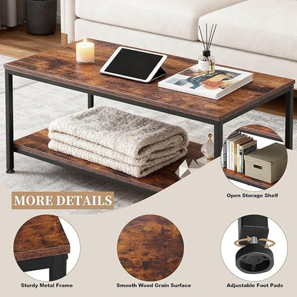 SUPER DEAL 2-Tier Coffee Table with Storage Shelf for Small Apartment Living Room, Rectangle Wood and Stable Metal TV Stand Side End Table, Rustic Brown