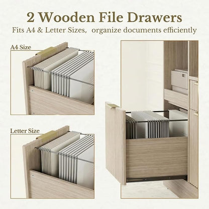 3 Drawer File Cabinet, Fluted Filing Cabinet for Home Office with Charging Station, Wooden Office Cabinet Fits for A4/Letter-Sized Files, Printer Stand with Storage Shelves, Light Oak
