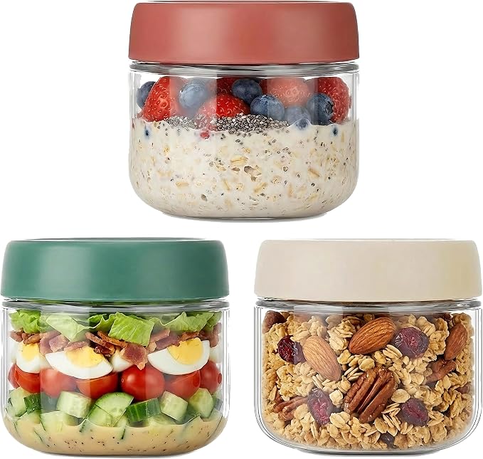 3Pack Overnight Oats Containers with Lids,10oz Glass Jar with Scew Lid,Salad Dressing Fruit Veggies Sauce Snacks Meal Prep Food Containers,Spice Jars,Wide Mouth Storage Containers