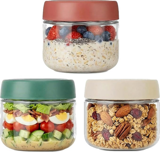 3Pack Overnight Oats Containers with Lids,10oz Glass Jar with Scew Lid,Salad Dressing Fruit Veggies Sauce Snacks Meal Prep Food Containers,Spice Jars,Wide Mouth Storage Containers