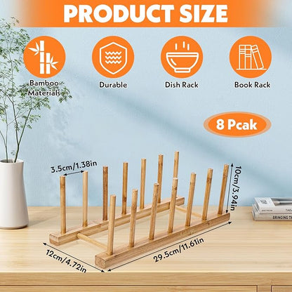 8 Pcs Bamboo Plate Holder & Wooden Dish Rack Organizer, 11.6x4.7x3.9 Inch Bamboo Wooden Dish Rack for Plates, Bowls, Cutting Boards & Kitchen Cabinet Storage