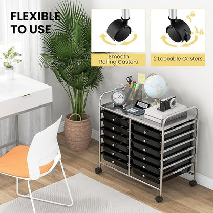 Giantex 12 Drawers Rolling Cart, Mobile Storage Drawer Cart, Classroom Organizer Cart for Office School Supplies Tools Scrapbook Paper Craft Small Printer, Utility Cart on Wheels, Black