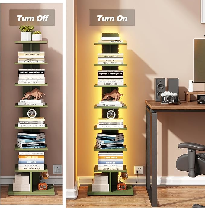 TUTOTAK Narrow Bookshelf, 8-Tier Bookcase with LED Lights, Spine Book Shelf for Small Space, Corner Standing Shelf for Living Room, Office, Study, Entryway, Olive Green BS06BOG008L
