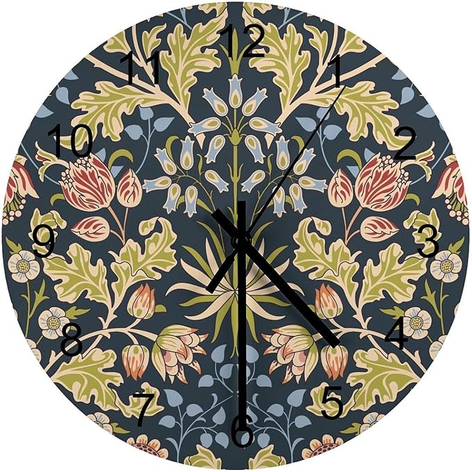 Retro Floral Wall Clock, Vintage William Morris Style Flowers and Foliage Round Clocks Wall Decor Silent No Ticking 12 Inch Wooden Clock for Bedroom Living Room Home Office