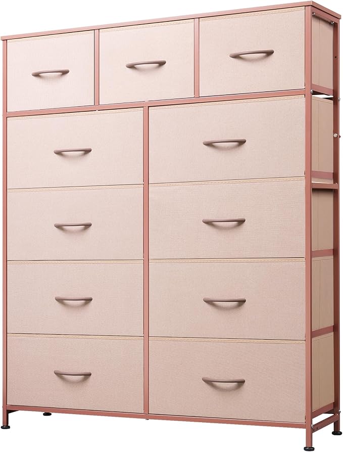 Tall Console Table with 11 Fabric Drawers, Entryway Table with Storage, Tall Storage Organizer with Wood Top, Steel Frame for Living Room, Hallway, Office, Pink