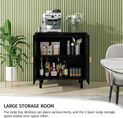 Black Rattan Cabinet-2-Doors,Sideboard Buffet Cabinet with Storage-Accent Storage Cabinet with Cane Door, Boho Wood Credenza for Dining Room, Bathroom, Study, Kitchen