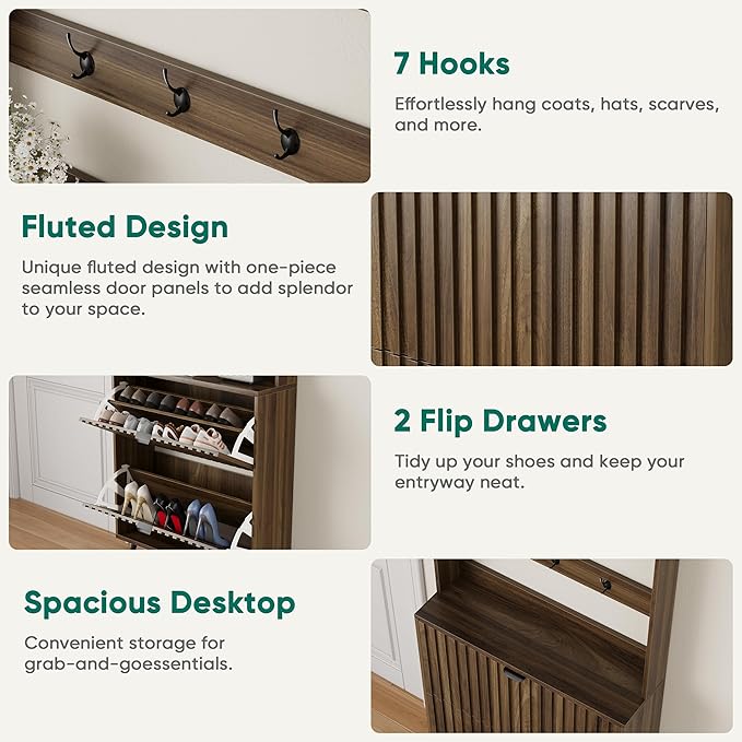 Smuxee Shoe Cabinet with 2 Flip Drawers & Coat Rack Hooks, 31.5" Walnut Hidden Shoe Storage Cabinet, 2-in-1 Hall Tree Slim Freestanding Shoe Rack Organizer for Entryway, Hallway, Living Room