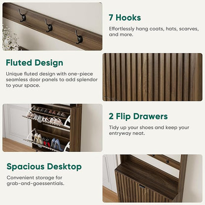 Smuxee Shoe Cabinet with 2 Flip Drawers & Coat Rack Hooks, 31.5" Walnut Hidden Shoe Storage Cabinet, 2-in-1 Hall Tree Slim Freestanding Shoe Rack Organizer for Entryway, Hallway, Living Room