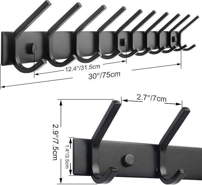 WEBI Coat Rack Wall Mounted,10 Hooks for Hanging Coats,30 Inch Hook Rack Hook Rail Coat Hanger Wall Mount for Backpack,Clothes,Jacket,Black
