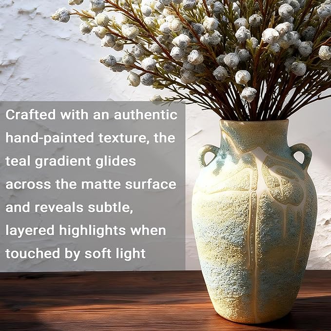 Large Ceramic Flower Vase, 9.8 Inch Tall Rustic Farmhouse Table Vase with 2 Handles, Handcrafted Glaze Textured Home Décor for Living Room, Bedroom, Bookshelf, Mantel, or Office