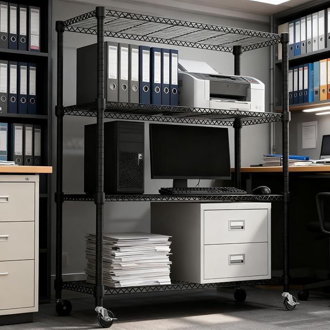 M MZG 1400LBS 47.2" W 4 Tiers Storage Shelves Metal Shelving Unit with Wheels Heavy Duty Garage Shelving Adjustable Wire Shelves for Pantry,Kitchen,Garage,Basement,Black 17.7" D x 47.2" W x 62.7" H
