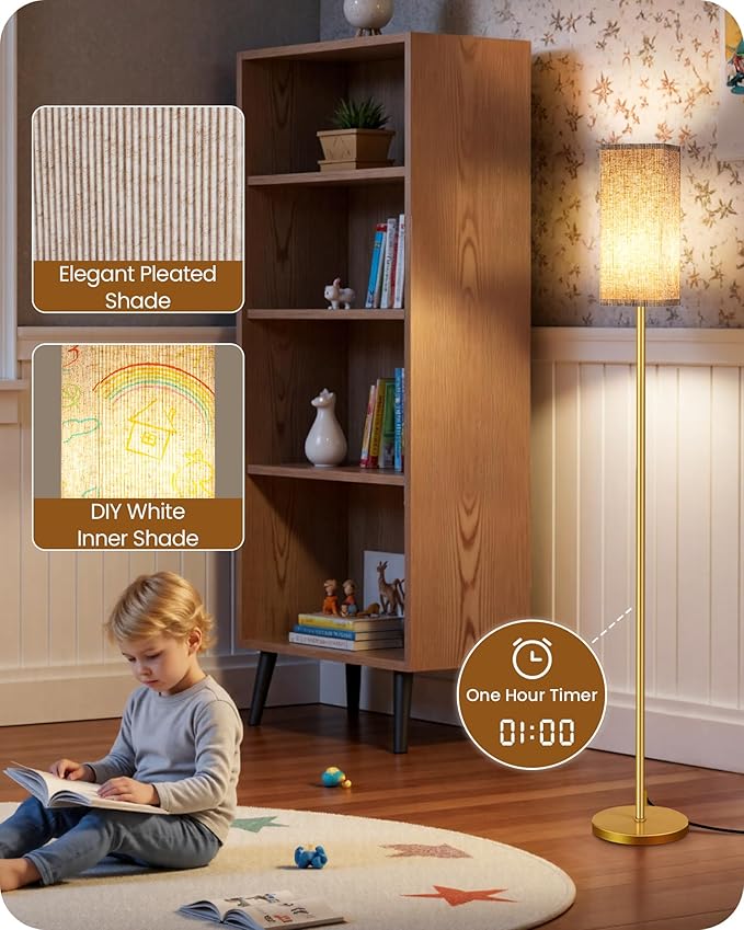 2Pack 64.2” Dimmable Floor Lamp for Living Room with Remote & Foot Switch, Corner Floor Lamp for Bedroom, Includes A19 Bulb, Modern Standing Tall Lamp, ETL Listed Beige and Gold DE17LDP205