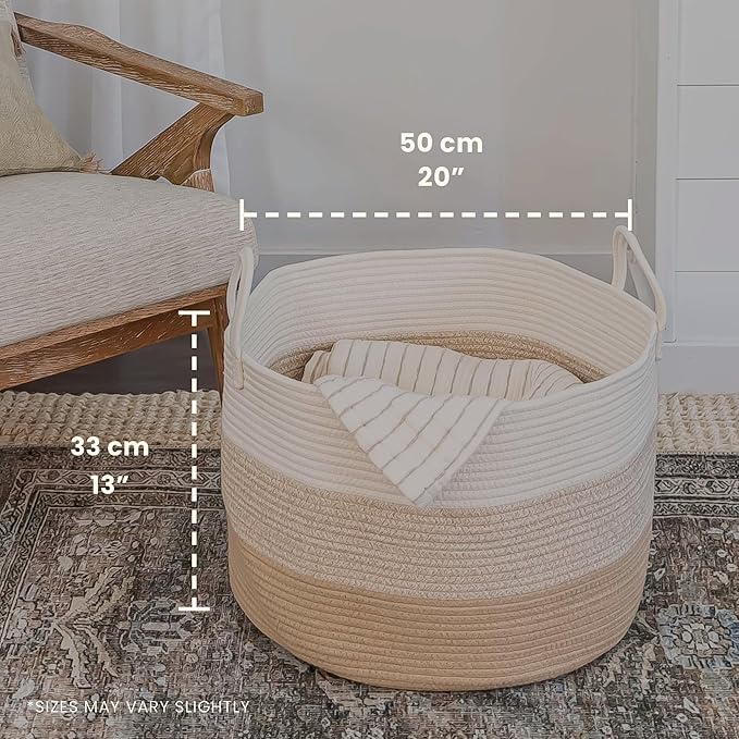 OrganiHaus Large Woven Storage Basket for Blankets and Toys 20" x 13" Inch, Rope Laundry Basket with Handles, Cushions & Pillows Storage Bin, Nursery Hamper, Soft Round Dog Toy Bin - Honey