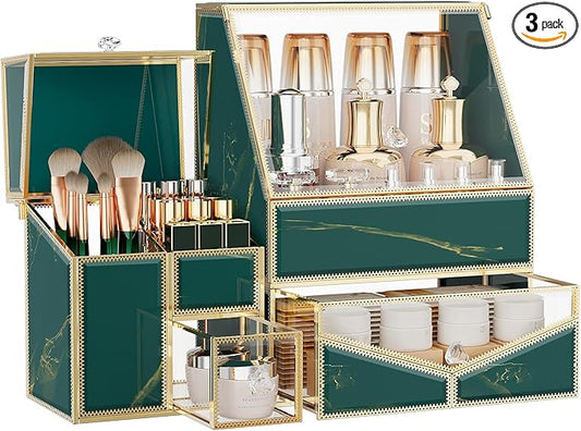 Youdepot Glass Makeup Organizer for Vanity and Bathroom Countertop – Large Cosmetic Display Case and Skincare Storage Solution