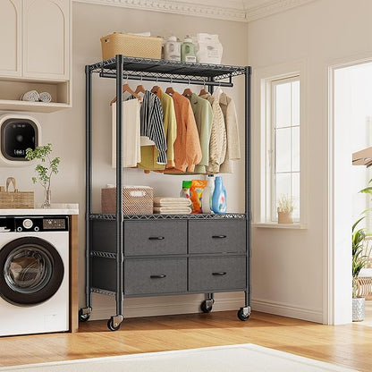 Raybee Clothes Rack Heavy Duty Clothing Rack with Rolling Wheels & 4 Drawers, Clothing Racks for Hanging Clothes with Drawers, Black