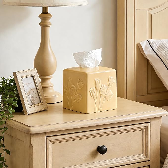 Beige Ceramic Tulips Tissue Box Cover - Modern Square Decorative Organizer for Facial Tissues, Farmhouse Style Home Decor for Bathroom, Bedroom, Living Room & Office