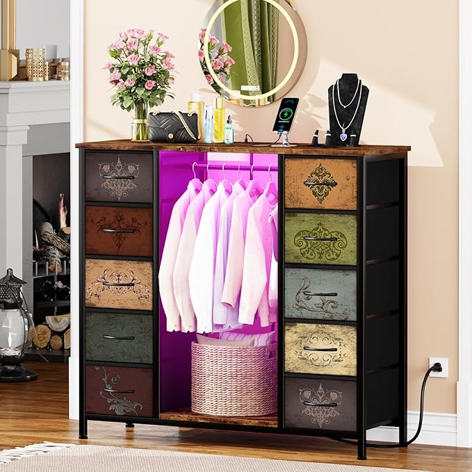 Dresser for Bedroom with Hanging Rack, 10 Drawers TV Stand with Charging Station LED Lights, Pattern Fabric Storage Organizer Cabinets for Living Room, Entryway, Nursery