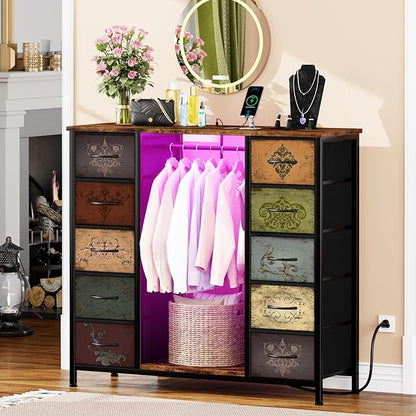 Dresser for Bedroom with Hanging Rack, 10 Drawers TV Stand with Charging Station LED Lights, Pattern Fabric Storage Organizer Cabinets for Living Room, Entryway, Nursery